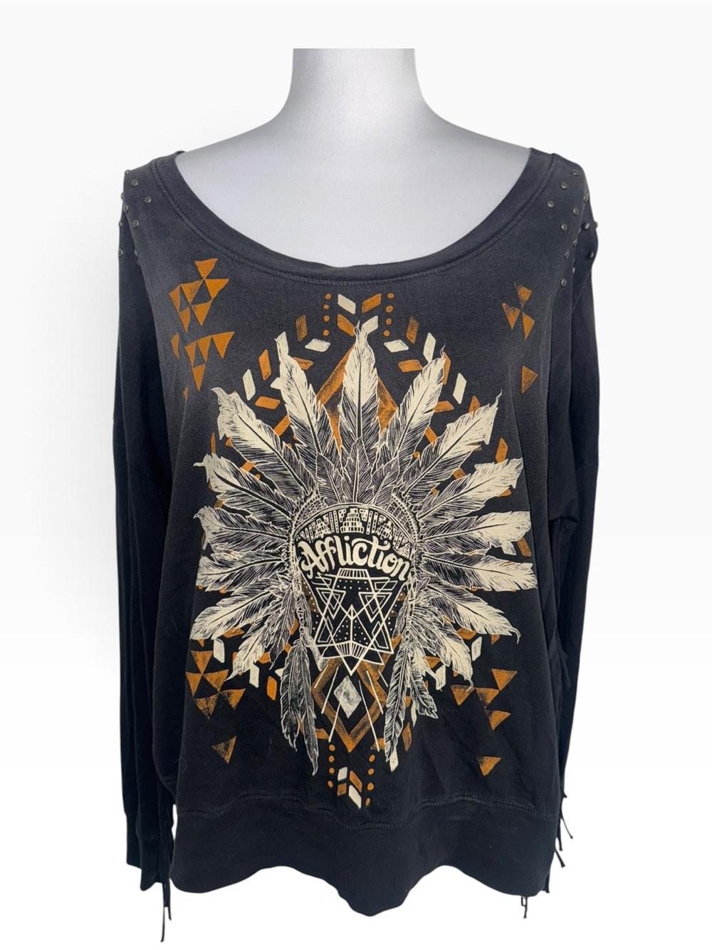 Affliction True Fast Women’s M Black Feather Graphic Studded Long Sleeve Shirt